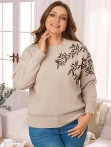 Rosumi Plus Plants Embroidery Drop Shoulder Sweater Winter Women Fall Winter Sweater Embroidered Pullover Sweater - Khaki - View 5