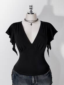 SHEIN ICON Women's Plus Size Retro Sexy Casual Millennial Style Y2K Simple Commuting Deep V-Neck Ruffled Short Sleeve Gathered Black T-Shirt - Black - View 1