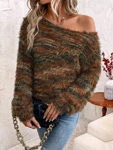SHEIN Clasi Atasan Bergaris Warna-warni dengan Desain Bahu Asimetris dan Bahu Terbuka, Bisa Dipakai dengan Dua Cara - MultiWarna - View 4