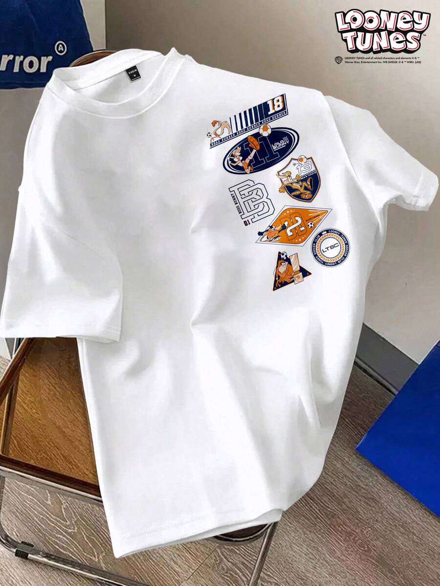 LOONEY TUNES X SHEIN Daypath Men's Small Logo Print Short Sleeve T-Shirt, Suitable For Casual Daily Wear - White - View 1
