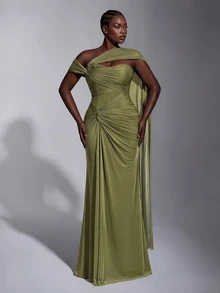 Elitara Plus Size Classy Olive Green Knit Mesh One Shoulder Slimming Ruched Asymmetrical Floor Length Mermaid Evening Gown Dinner Women Fall New Year - Green - View 7