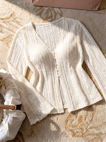Elaquor Plus Size Elegant Commuter Solid Color Jacquard Shirt - White - View 1