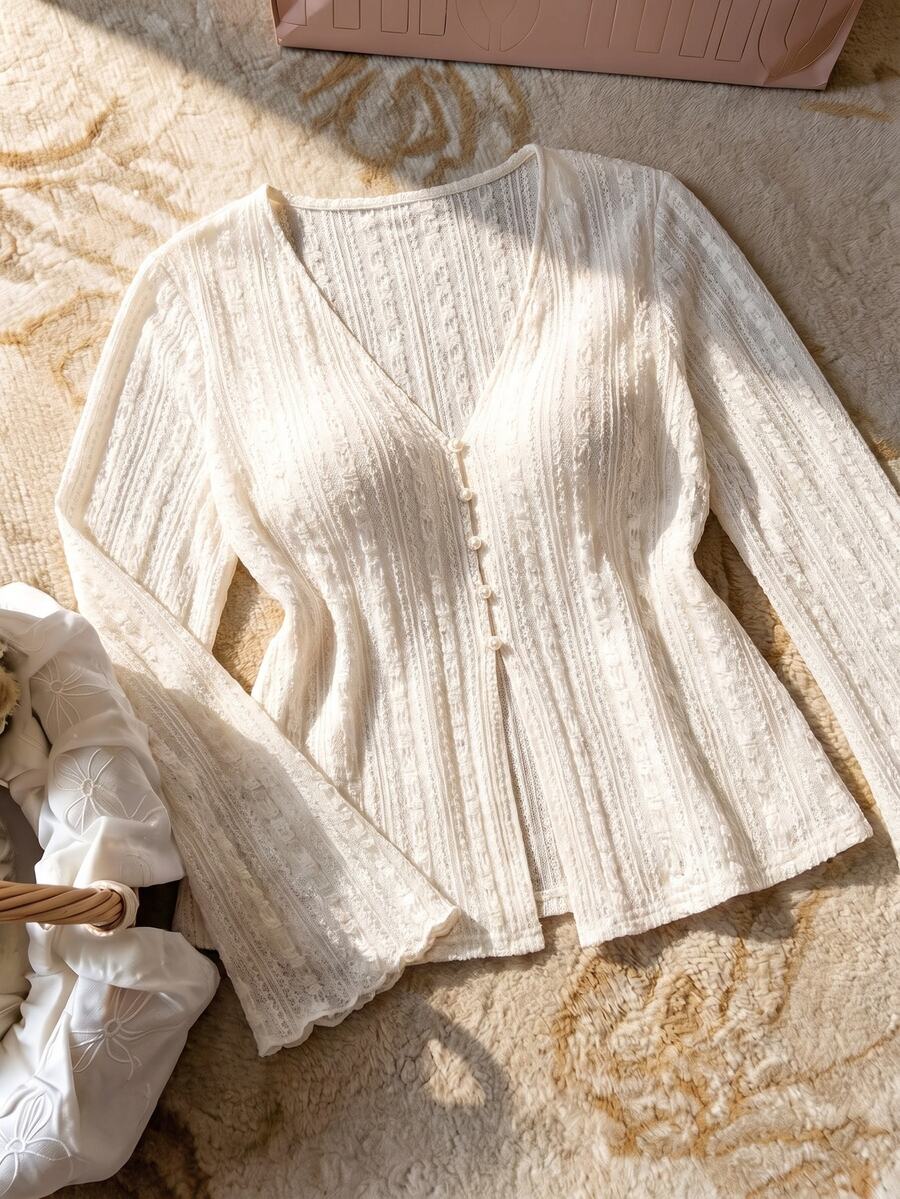 Elaquor Plus Size Elegant Commuter Solid Color Jacquard Shirt - White - View 1
