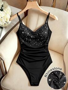 Selianne Draped Collar Ruched Cami Bodysuit Party Club Black Summer Sexy - Black - View 3