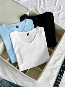 SHEIN EZwear 3 قطع تي شيرت بياقة V وأكمام قصيرة بلون موحد - متعدد الألوان - مشاهدة 7