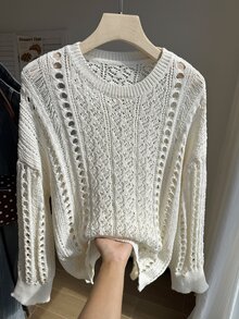 Comfortcana Plus Solid Pointelle Knit Sweater Fall - White - View 6