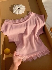 Comfortcana 女款純色蕾絲拼接不對稱領針織上衣 - 粉色 - 查看 8