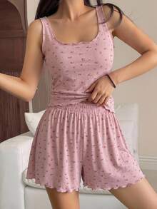 DAZY Ditsy Floral Print Lettuce Trim PJ Set - Pink - View 6