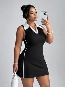 SHEIN Velisys Vestido Esportivo Plus com Gola V Contrastante, Listrado Lateral e Sem Mangas - Preto - Visão 4