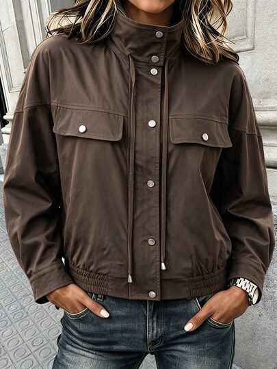 Ceyna Plus Flap Pocket Drop Shoulder Drawstring Hooded Jacket