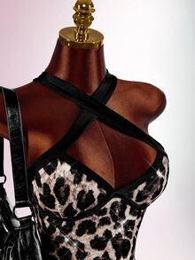 Amplova Leopard Print Crisscross Backless Bodycon Dress - Brown - View 5