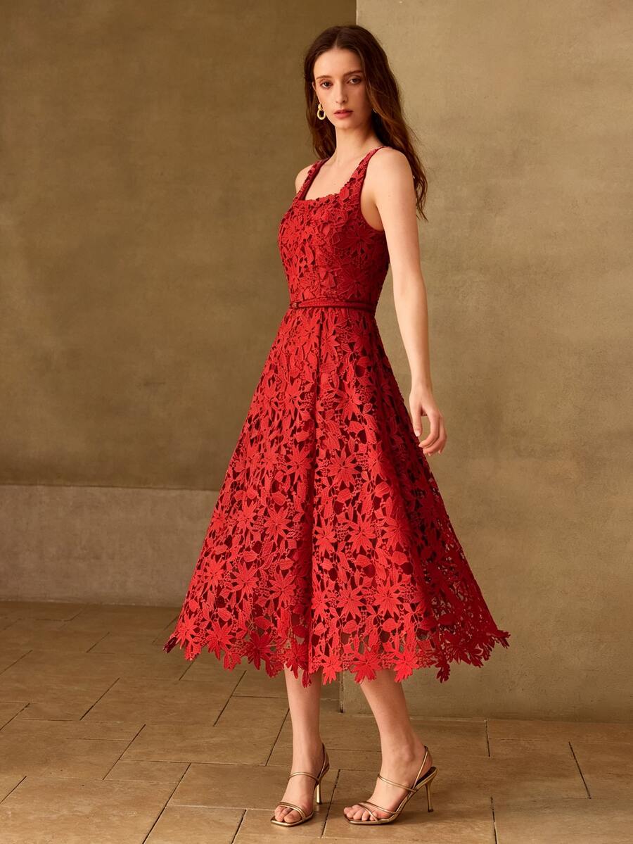MOTF PREMIUM GUIPURE LACE OVERLAY LONGLINE DRESS - Red - View 2