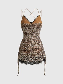 ROMWE Y2K Leopard Print Lace Trim Drawstring Side Cami Dress - Multicolor - View 2