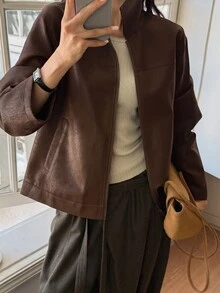 DAZY Mantel Kulit PU Polos dengan Resleting dan Bahu Jatuh untuk Musim Gugur - Coffee Brown - View 6