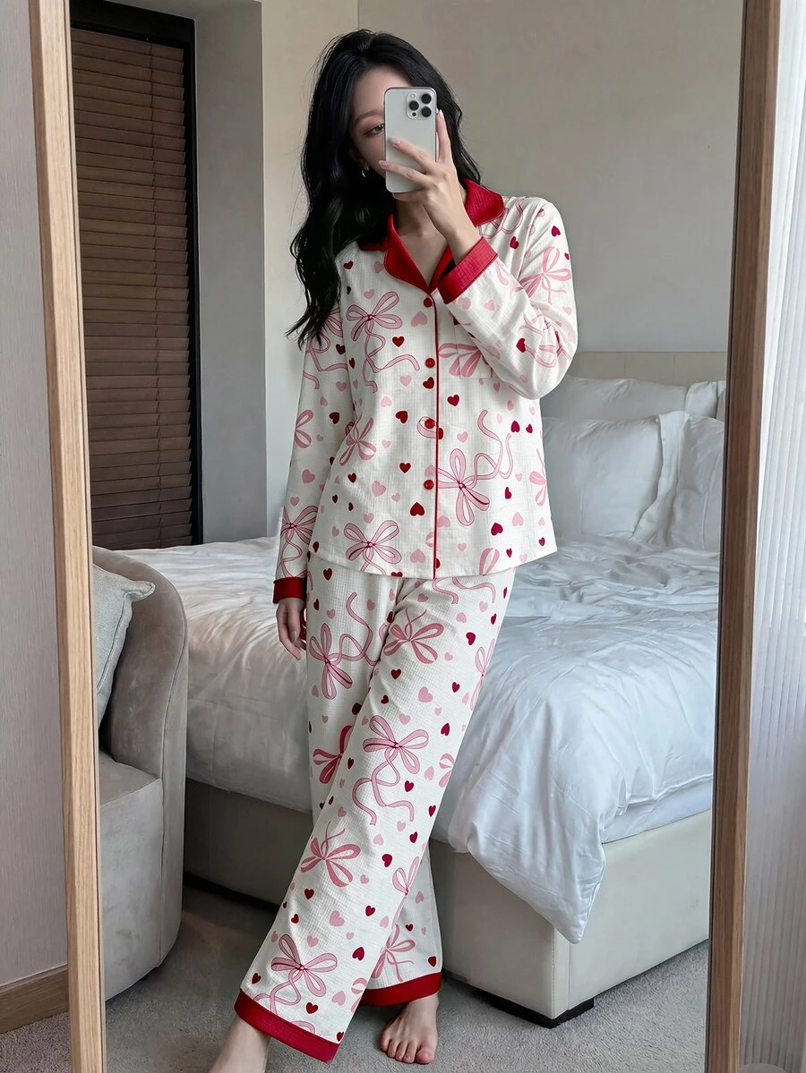 Napfluff Contrast Trim Heart Print PJ Set - Multicolor - View 1