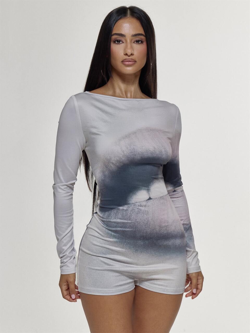 Graphic Printed Fitted Slinky Long Sleeve Mini Short Jumpsuit