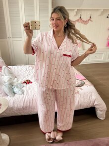 Slumberry CURVE Sweet Cute INS Striped Heart Contrast Color Lace Front Closure Short Sleeve Pants Plus Size Pajama Set - Multicolor - View 6