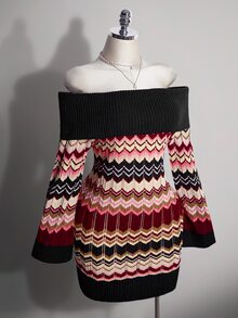 SHEIN ICON Women's Plus Size Colorful Striped Off-Shoulder Sweater Dress - Multicolor - View 8