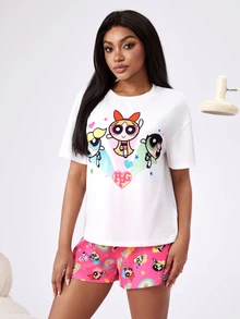 THE POWERPUFF GIRLS X SHEIN Women's Short Sleeve T-Shirt And Shorts Pajama Set - Hot Pink - View 3