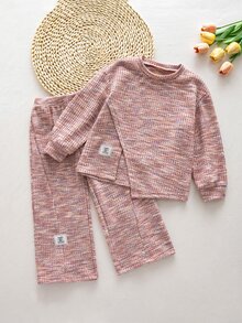 SHEIN Young Girl Space Dye Letter Patched Pullover Sweatshirt & Pants Set - Pink - View 1
