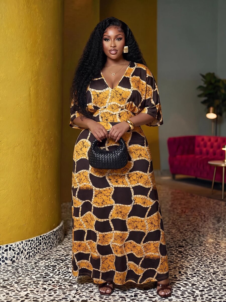 Slaydiva Plus Allover Print V Neck Dress Fall