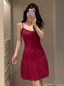 DAZY Solid Frill Trim Knot Front Cami Sleep Dress - Burgundy - View 5