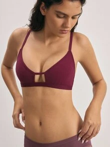 Ocili 純棉條紋舒適極簡軟綿女款後扣式內衣 - 酒紅色 - 查看 4