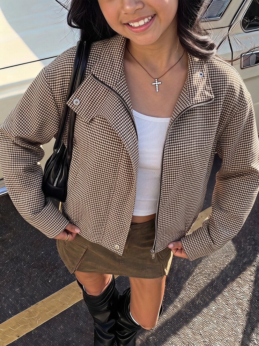 SHEIN 青少年女孩格紋印花拉鍊夾克 - 棕色 - 查看 1