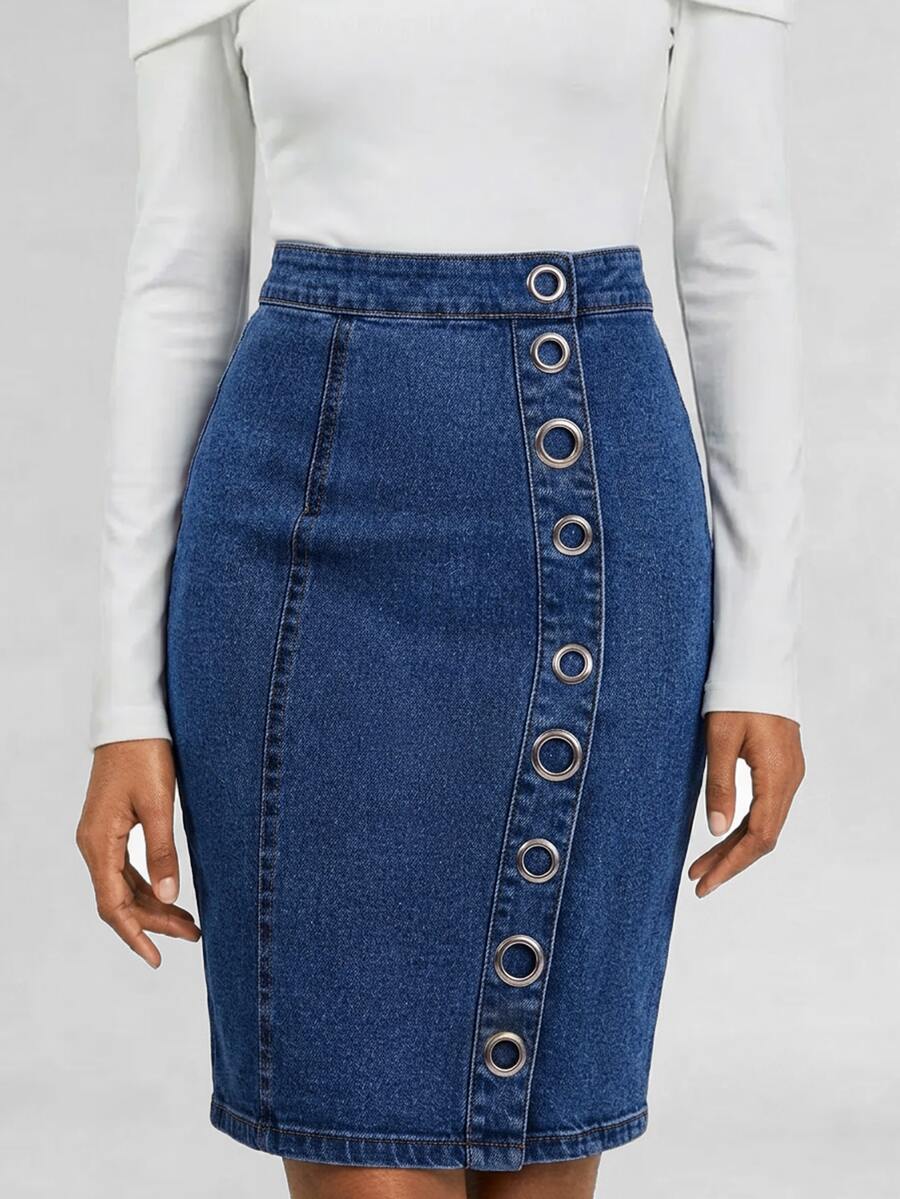 Balvessa Grommet Eyelet Detail Denim Skirt - Blue - View 1