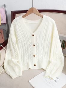 SHEIN Tween Girl Cable Knit Drop Shoulder Cardigan - White - View 1