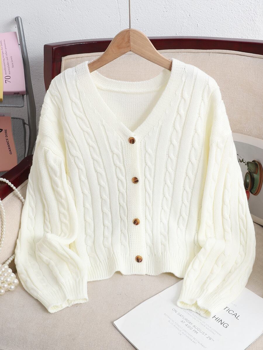 SHEIN Tween Girl Cable Knit Drop Shoulder Cardigan - White - View 1