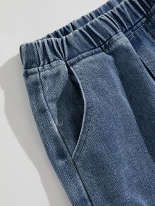 SHEIN Young Girls Elastic Waist Bow Embroidered Ruffle Hem Wide Leg Denim Jeans For Fall Winter Daily Casual Wear - Blue - View 7