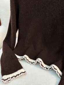 Muvela Contrast Trim Drop Shoulder Sweater Brunch Daily Brown And Cream Autumn Minimalist Casual - Brown - View 4