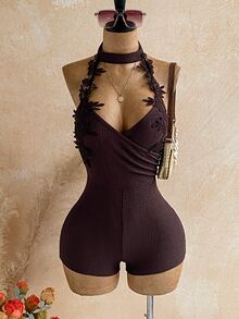 Soleia Women's Solid Color Casual Daily Halter Neck Romper - Brown - View 1