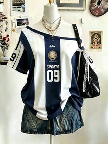 Lalippa 女款運動風條紋印花時尚不對稱單肩T恤 生日禮物 - 淺灰色 - 查看 1