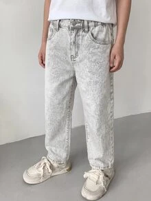 兒童青少年男孩斜口袋直筒牛仔褲 - 卡其色 - 查看 5