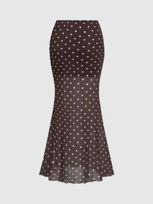 Sweetra Polka Dot Print Ruched Mermaid Hem Mesh Skirt - Coffee Brown - View 2