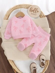 SHEIN Baby Girl Bow Pattern Raglan Sleeve Sweater & Knit Footed Pants Set - Pink - View 6