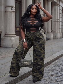 Slaydiva Plus Camo Print Drawstring Waist Wide Leg Pants - Army Green - View 6