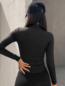 DAZY 女款極簡街頭風拉鍊長袖T恤，適合日常穿著 - 黑色 - 查看 3