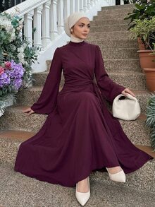 DAZY Women's Elegant Fashion Pleated Waist Long Sleeve Dress Fall - Burgundy - View 8
