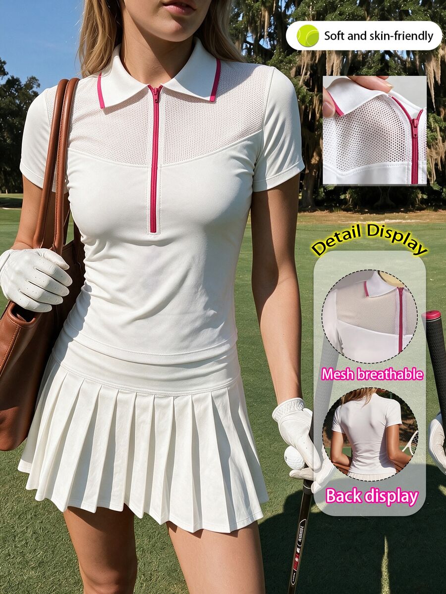 CourtClass CourtClass Women's Contrast Color Short Sleeve Zipper Design Casual Fitness Sports Polo Shirt - White - View 1