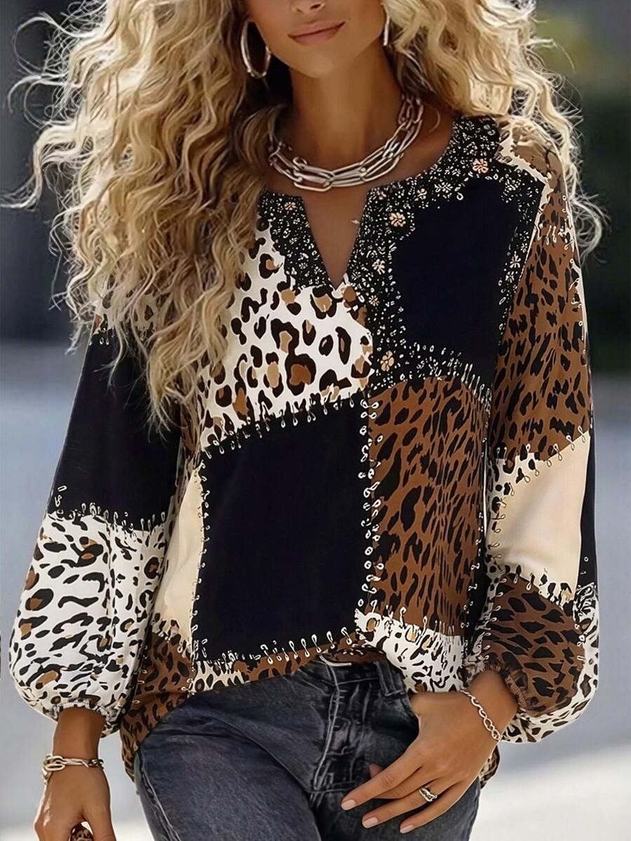SHEIN Black And White Leopard Print Patchwork Print Colorblock Lantern Sleeve Notch Neck Top Night Out Autumn Casual - Multicolor - View 1