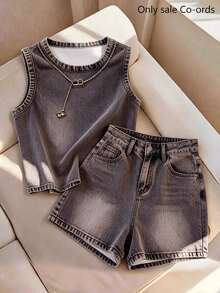 Franclia Camiseta de tirantes lavada & Shorts de mezclilla - Púrpura polvoriento - Ver 3