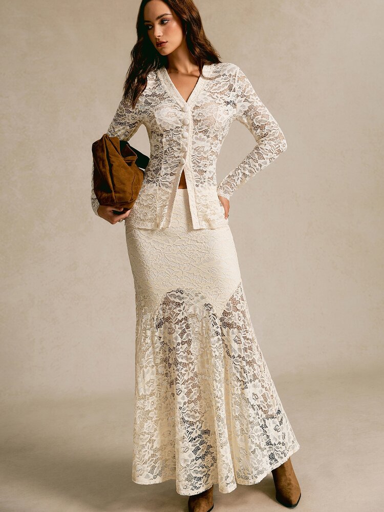 CielaLinda Button Front Lace Top & Mermaid Hem Skirt Set - Apricot - View 6