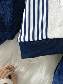 SHEIN 2pcs Newborn Baby Sweatshirt Pants Cute Navy White Bear Face Striped Fuzzy Patchwork Long Sleeve Round Neck Thick Outdoor Fall Jogging Cozy Two-Piece - Navy Blue - View 8