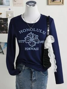 SHEIN 青少年女孩針織修身短版長袖印花T恤，休閒簡約復古風，返校秋季服飾 - 藍色 - 查看 1