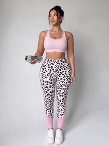 SHEIN Velisys Plus Leopard Print Wideband Waist Sports Leggings - Multicolor - View 4
