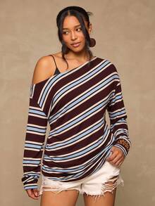 Freevana Plus Striped Print Asymmetrical Neck Tee - Multicolor - View 4