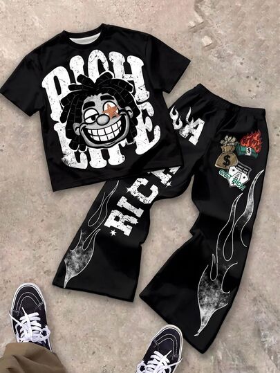 Tween Boy Casual Comfortable Fashion Minimalist Crew Neck Short Sleeve Flare Pants T-Shirt Set, Classic Handsome Cool Graffiti Character Graphic Print, Classic Text Graphic Print, Handsome Flame Graphic Print, Y2K Suitable For Autumn/Winter